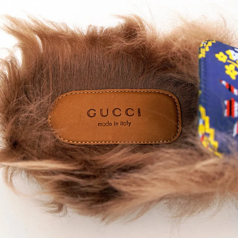 37.5 NEW $1080 GUCCI Floral BROCADE Jacquard FUR Princetown Slippers LOAFERS NIB