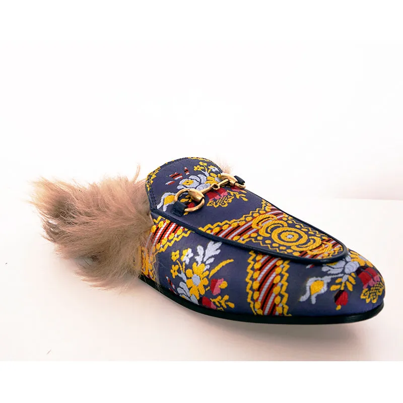 37.5 NEW $1080 GUCCI Floral BROCADE Jacquard FUR Princetown Slippers LOAFERS NIB