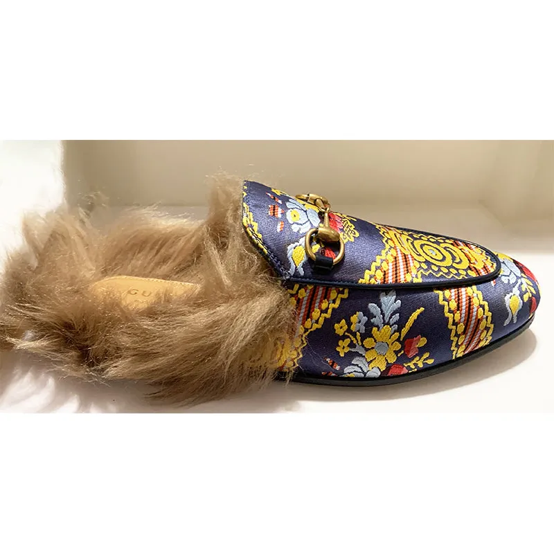 37.5 NEW $1080 GUCCI Floral BROCADE Jacquard FUR Princetown Slippers LOAFERS NIB