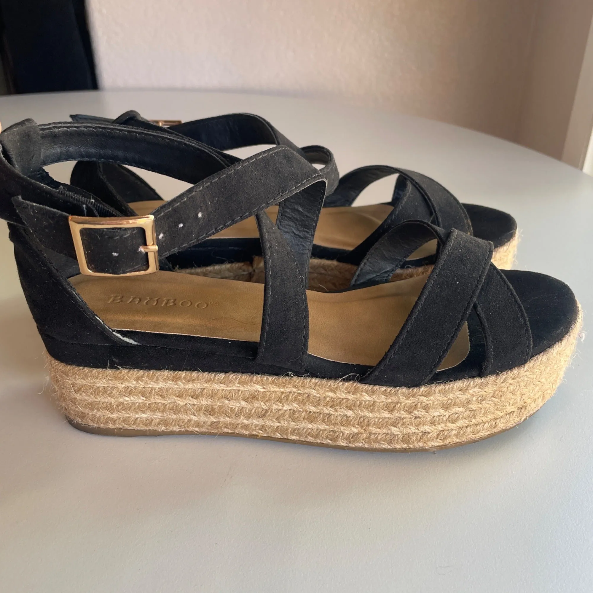 Bamboo Black  Espadrille Platform Strappy Sandals Women's Size 6