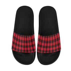 Buffalo Plaid Women Slide Sandals, Red Black Tartan Check Shoe Girls Flat Wedge Slides Vegan Casual Flip Flops Slip On