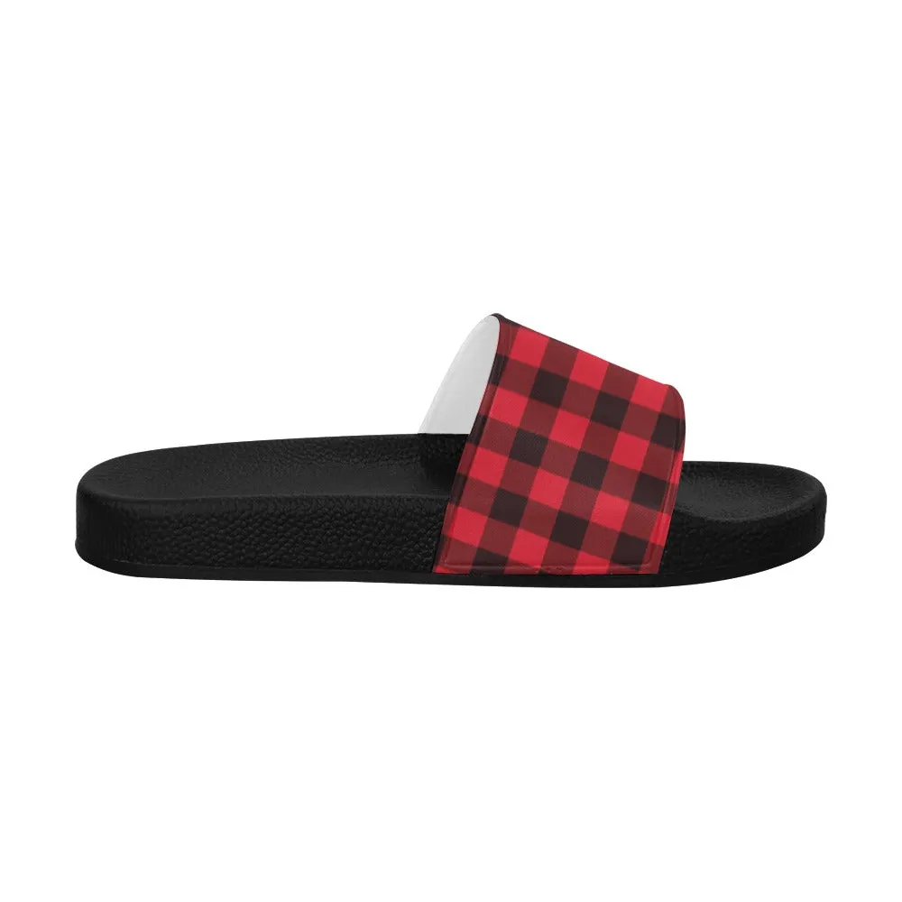 Buffalo Plaid Women Slide Sandals, Red Black Tartan Check Shoe Girls Flat Wedge Slides Vegan Casual Flip Flops Slip On