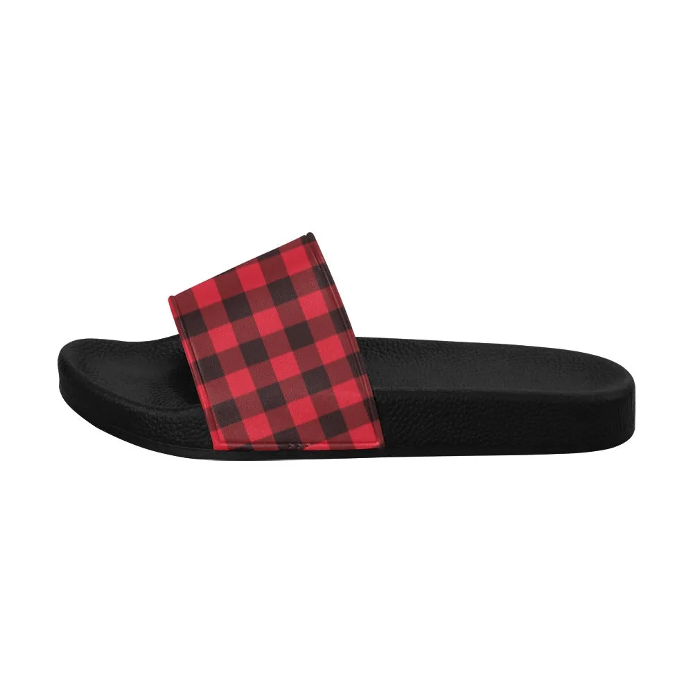 Buffalo Plaid Women Slide Sandals, Red Black Tartan Check Shoe Girls Flat Wedge Slides Vegan Casual Flip Flops Slip On