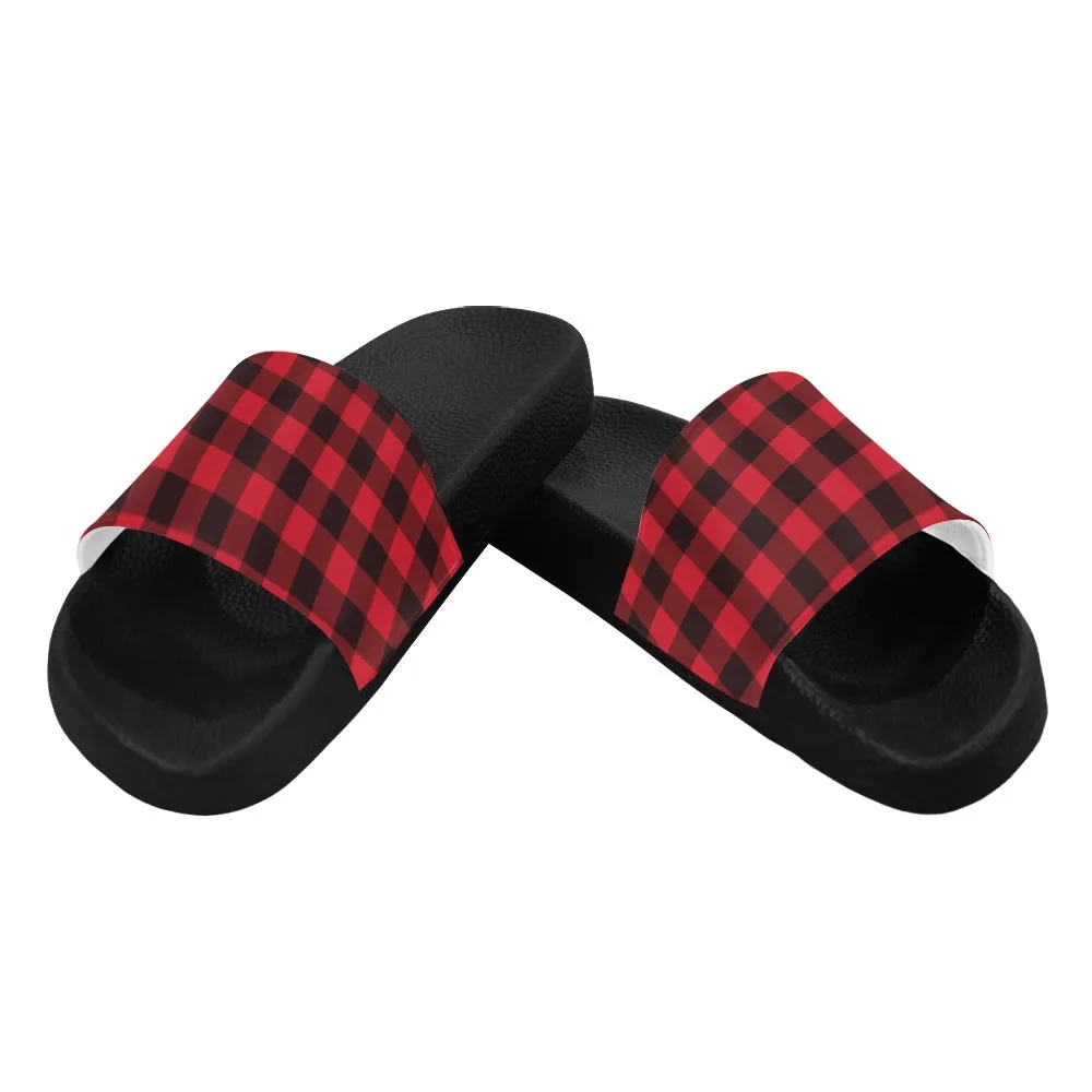 Buffalo Plaid Women Slide Sandals, Red Black Tartan Check Shoe Girls Flat Wedge Slides Vegan Casual Flip Flops Slip On