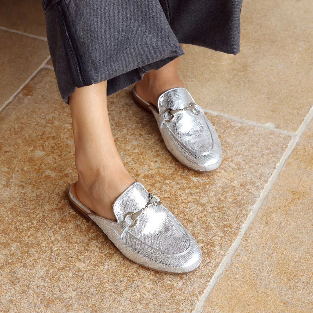 Cherie: Silver Backless Loafer