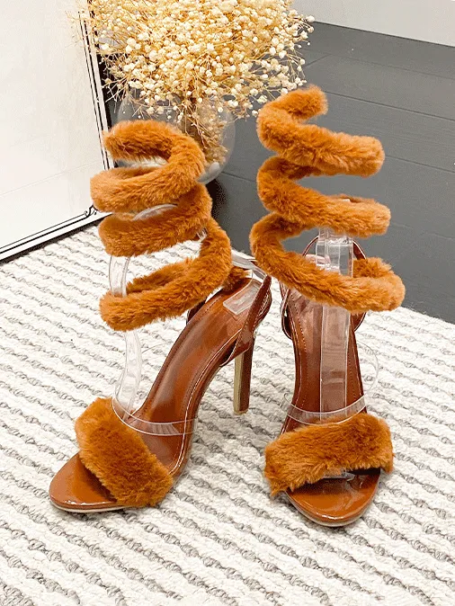 Fluffy Strap Stiletto Heel Sandals