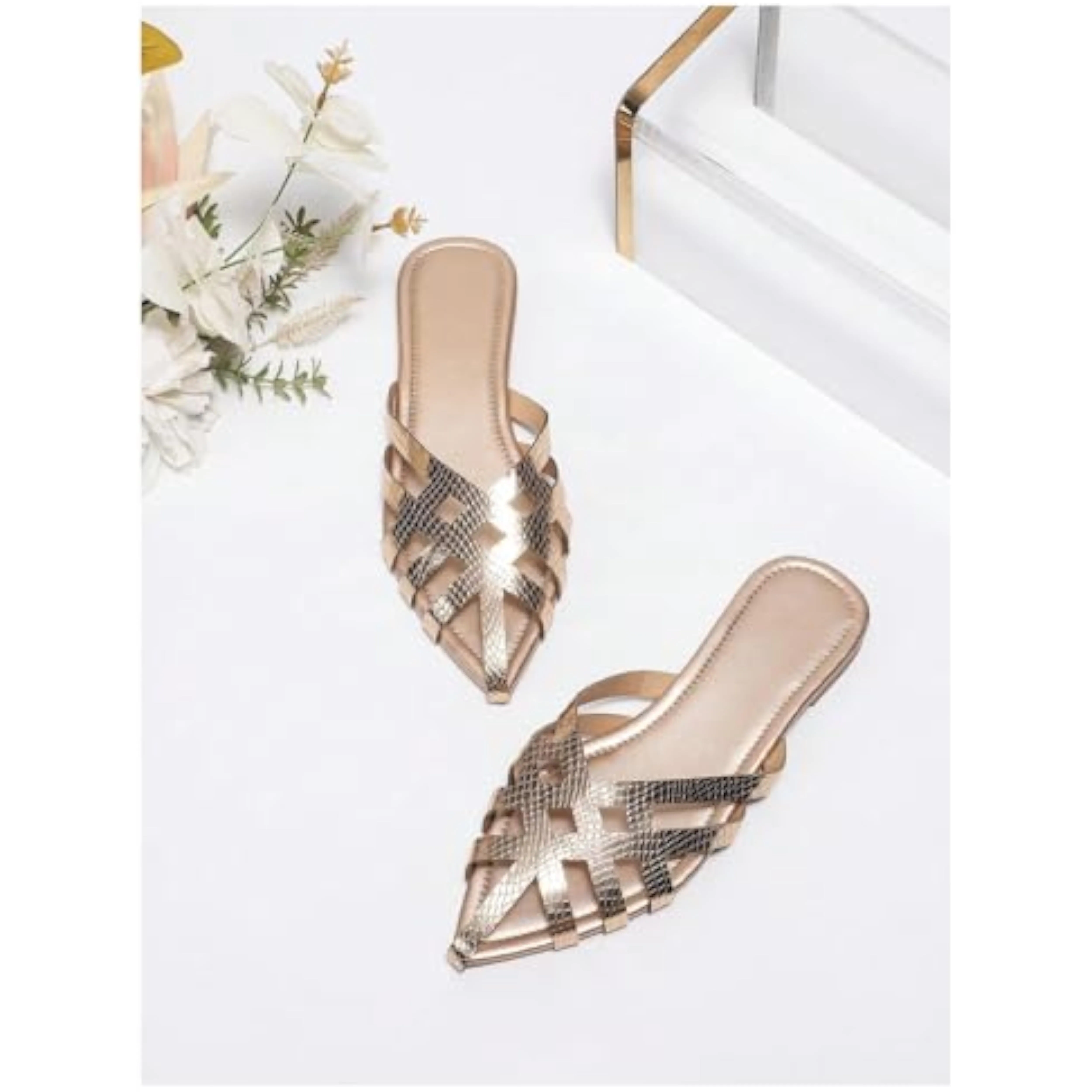 Metallic Gold Mule Point Toe Flat Shoes