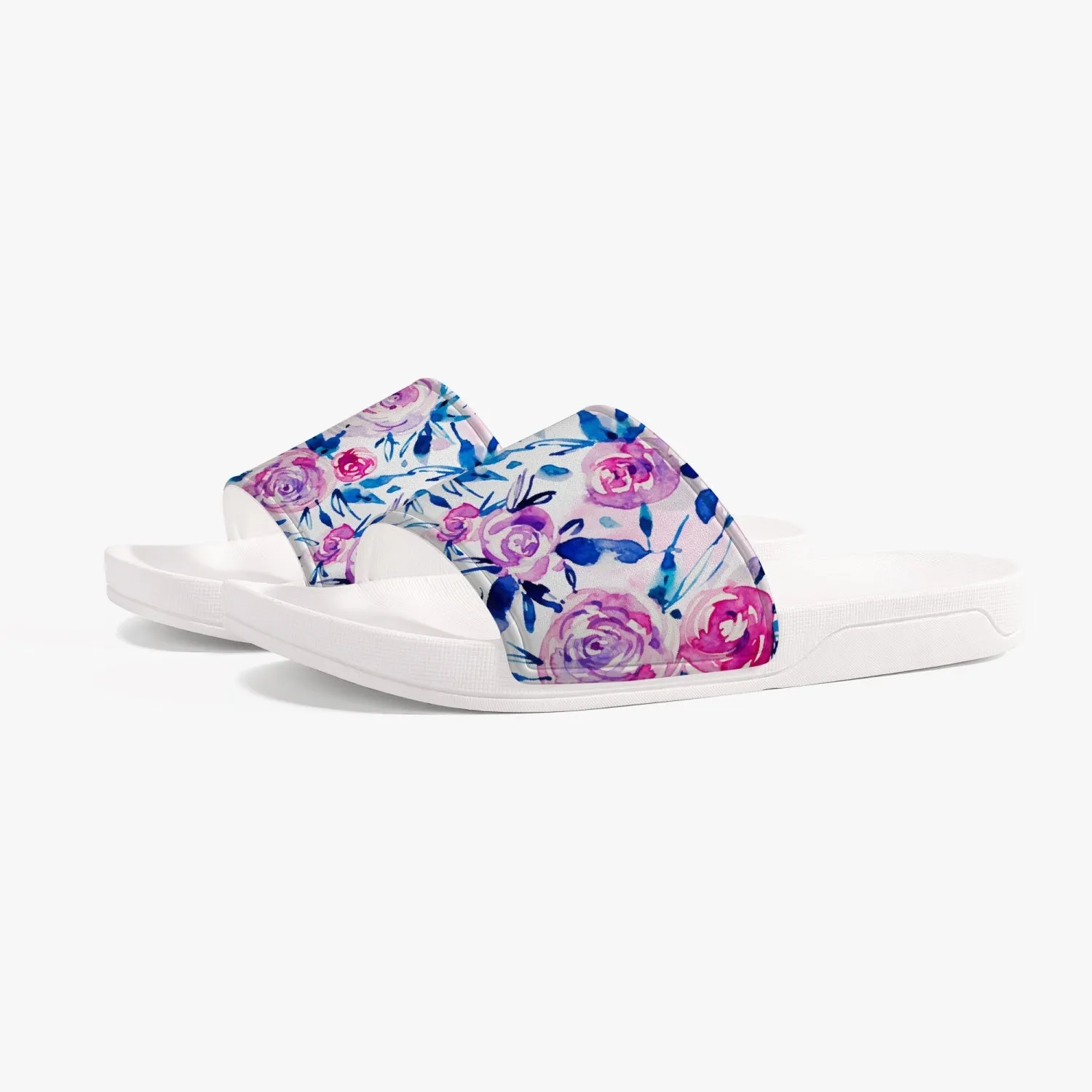 Pink Flowers Women Slide Sandals, Floral Shoe Girls Flat Wedge White Slides Vegan Casual Slippers Flip Flops Slip On