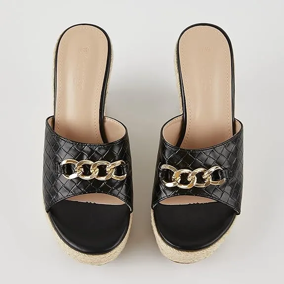 Platform Chain Black Open Toe Espadrille Wedge Sandals