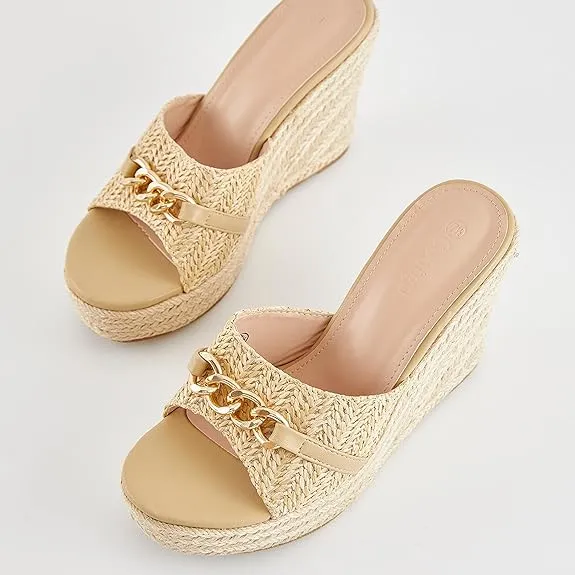 Platform Chain Black Open Toe Espadrille Wedge Sandals