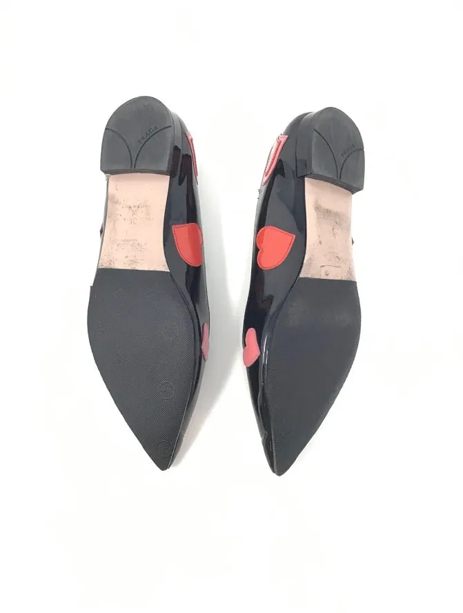 Prada W Shoe Size 36 Patent Heart Applique Pointed Toe Flats