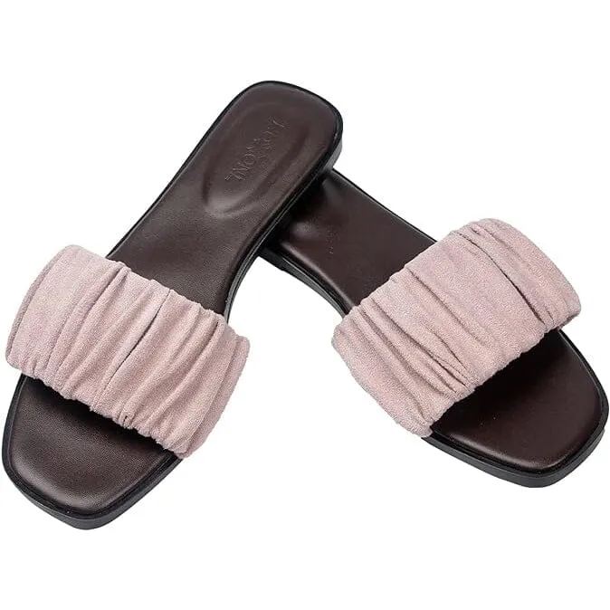 Roxoni Women's Ruched Fabric Slide Sandals Open Toe Flat Sandals with Heel Cushion