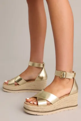 Sandy Sole Gold Espadrille Platform Wedge Sandals