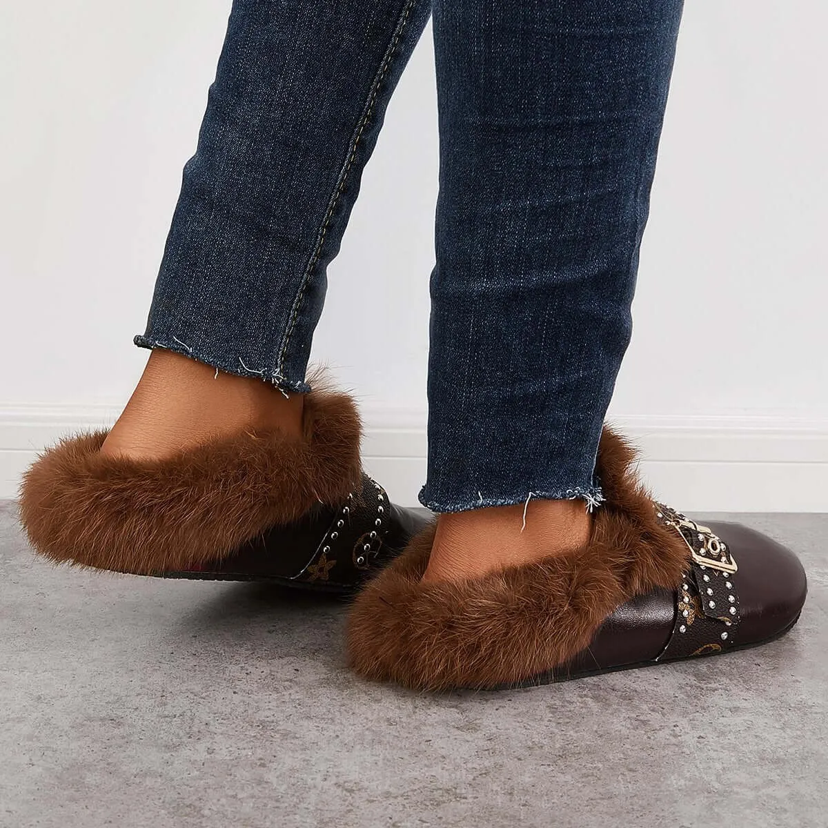 Sohiwoo Women Warm Faux Fur Mule Loafers Fuzzy Slip on Backless Slippers