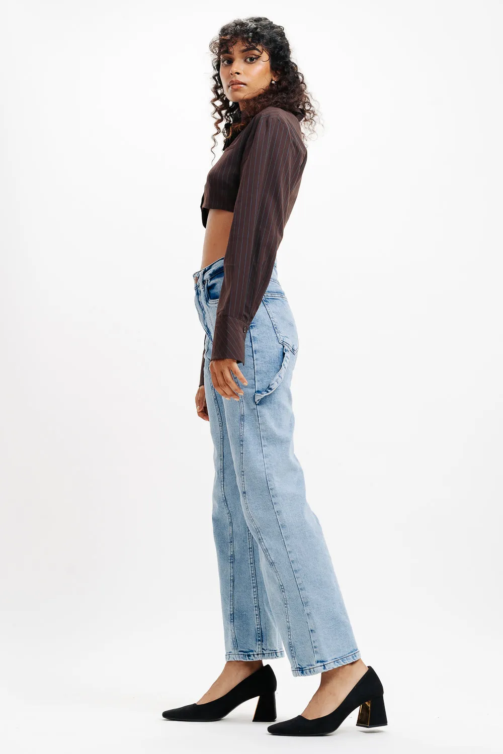 Wavy Seamed Light Washed Wide Jeans