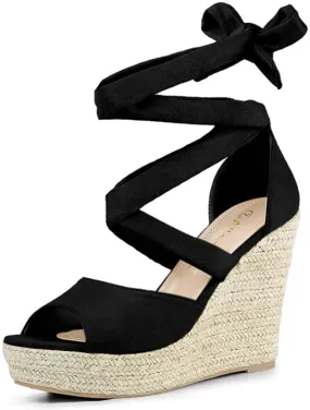 Women's Black Lace Up Espadrilles Wedge Sandals