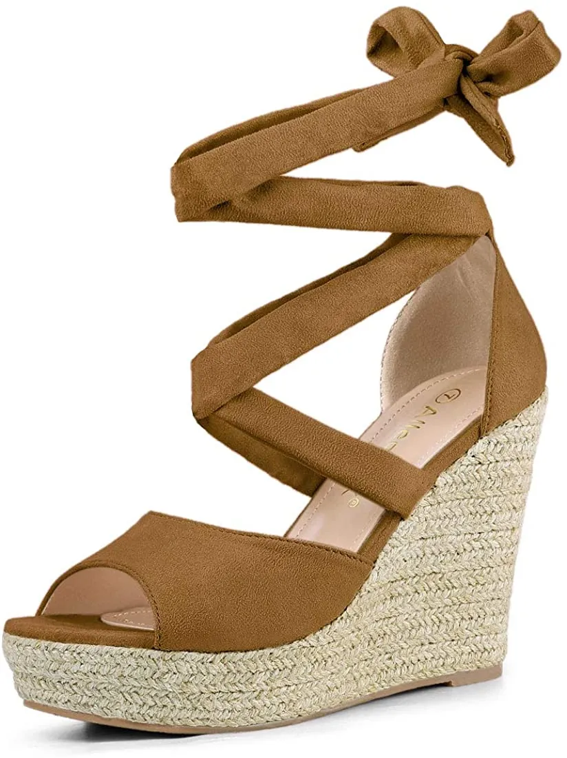 Women's Brown Lace Up Espadrilles Wedge Sandals